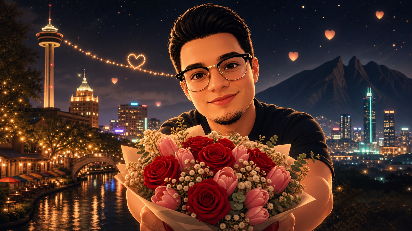 Ilustración romántica de mí entregando un ramo de flores
